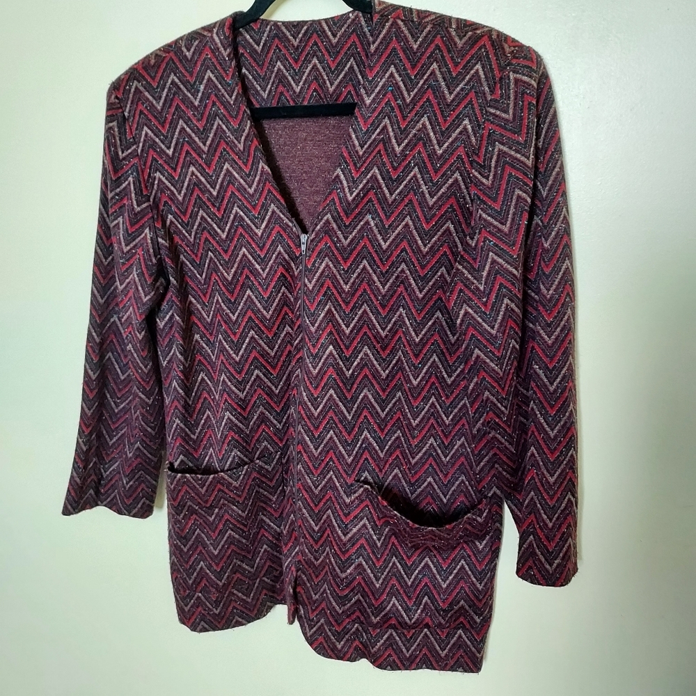 Handmade Chevron patterned Fall Vibes zip-up jacket Med 70s Retro Office Church